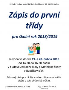 Zápis do 1. ročníku ZŠ pro školní rok 2018/2019